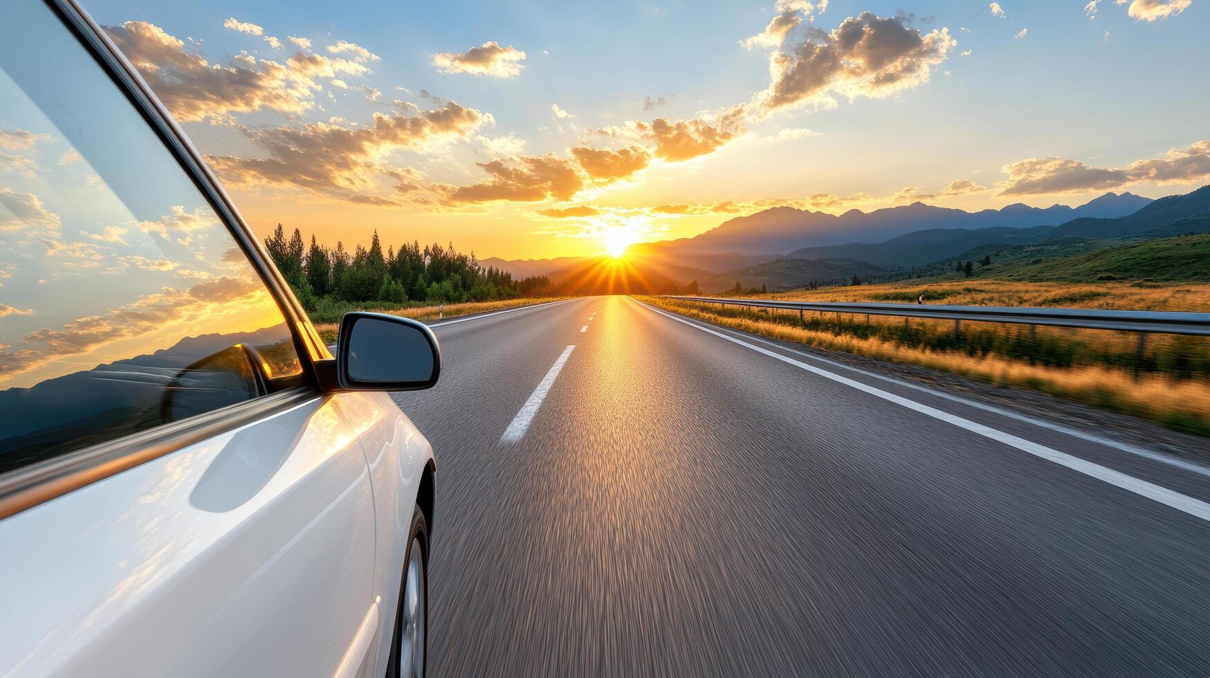 A car driving down the road at sunset photo