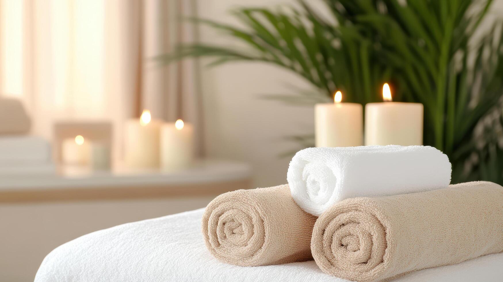 Towels and candles on a massage table photo