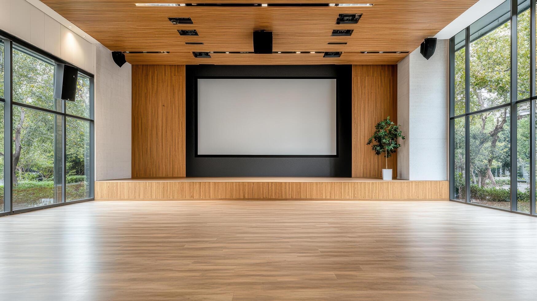 Empty room with wooden floor and large windows photo