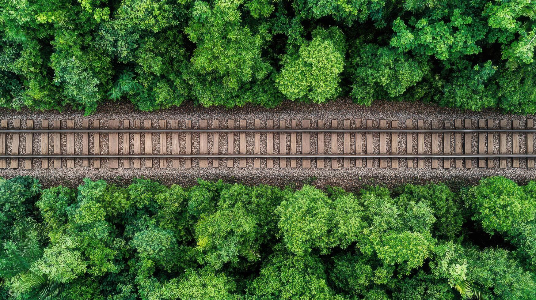 An aerial view of a train track surrounded by trees photo