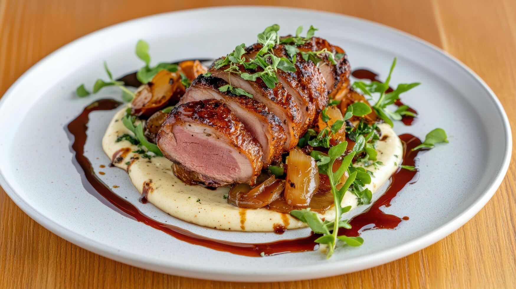 A plate with a meat dish on top of a bed of mashed potatoes photo