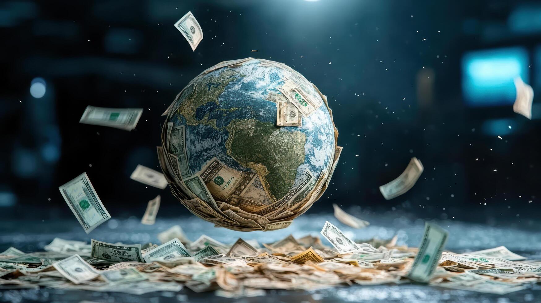 Money falling from the earth globe concept photo