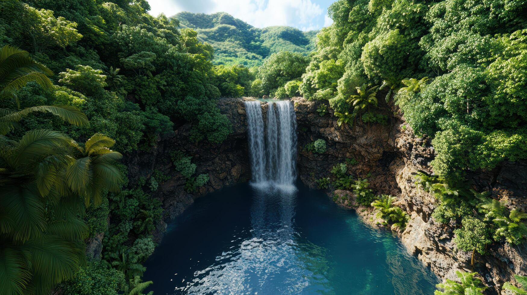 A waterfall surrounded by lush tropical vegetation photo