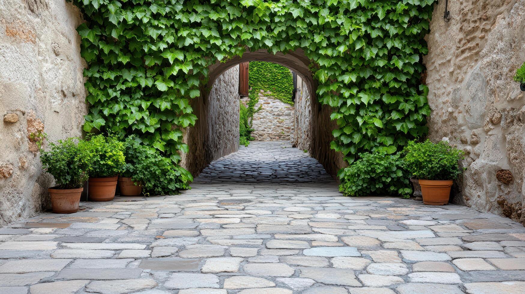 An archway with green ivy growing over it photo