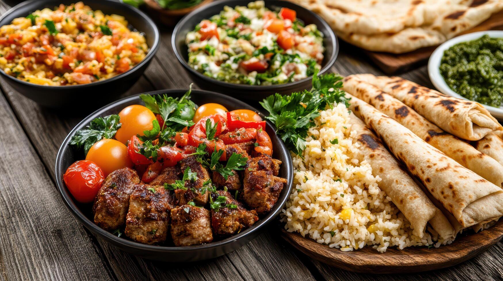 Various types of food are arranged on a wooden table photo