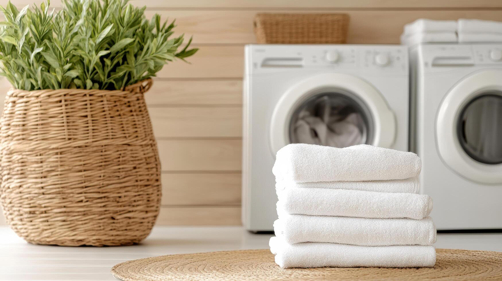 A stack of towels in front of a washing machine photo