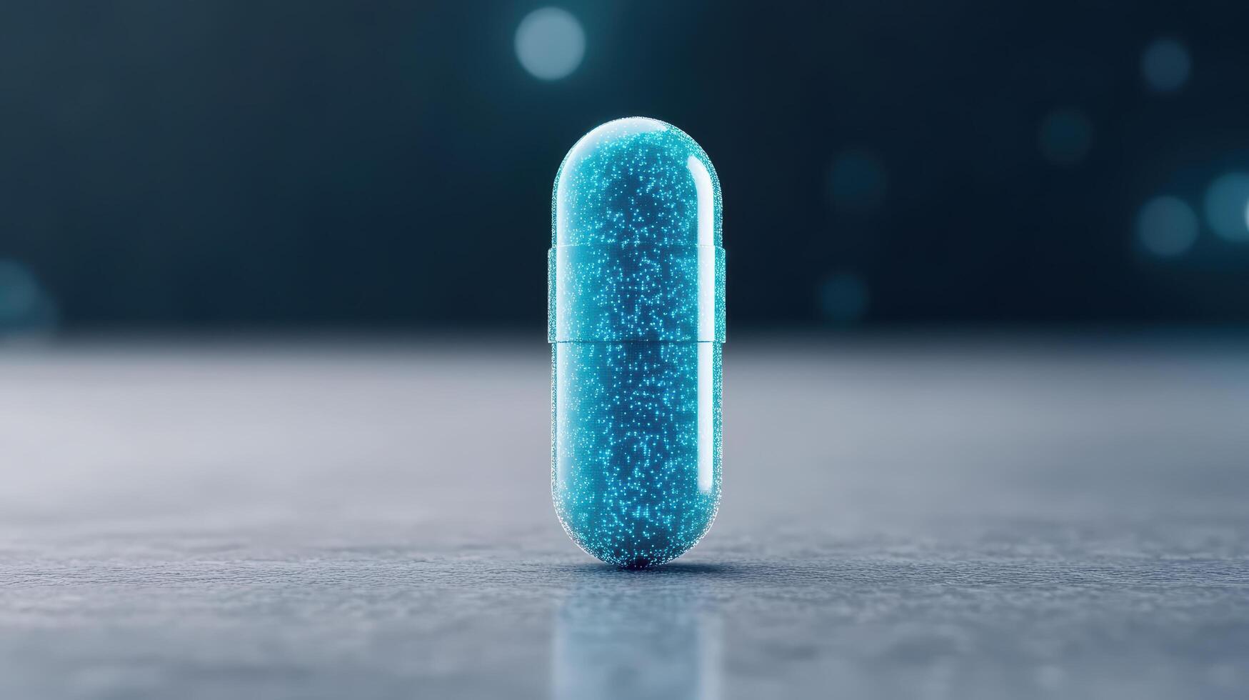 A blue pill on a table with a blurred background photo