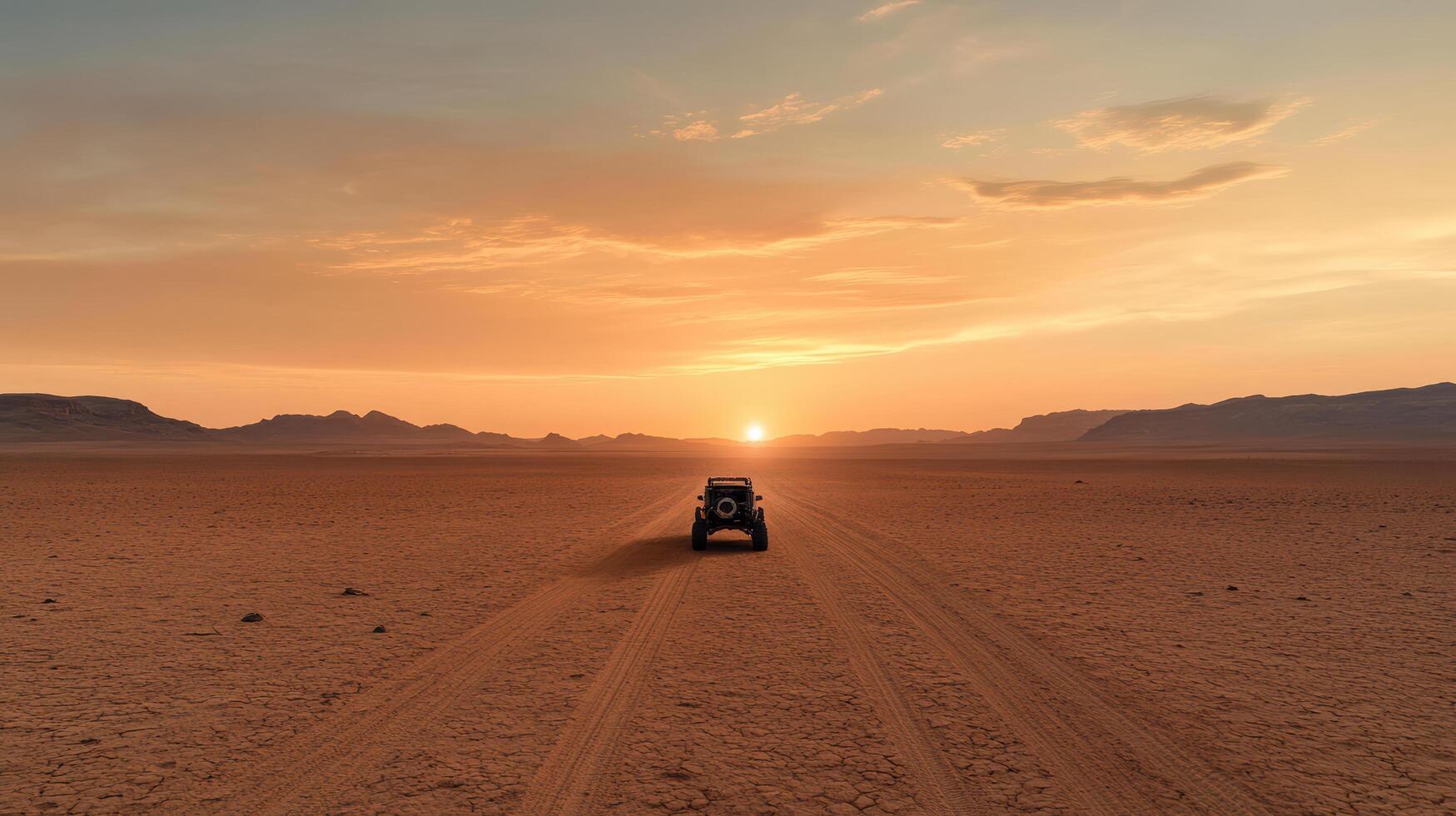 A vehicle is driving through the desert at sunset photo