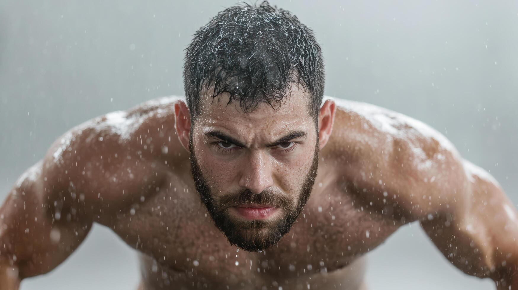 A man with a beard and shirt on is standing in the rain photo