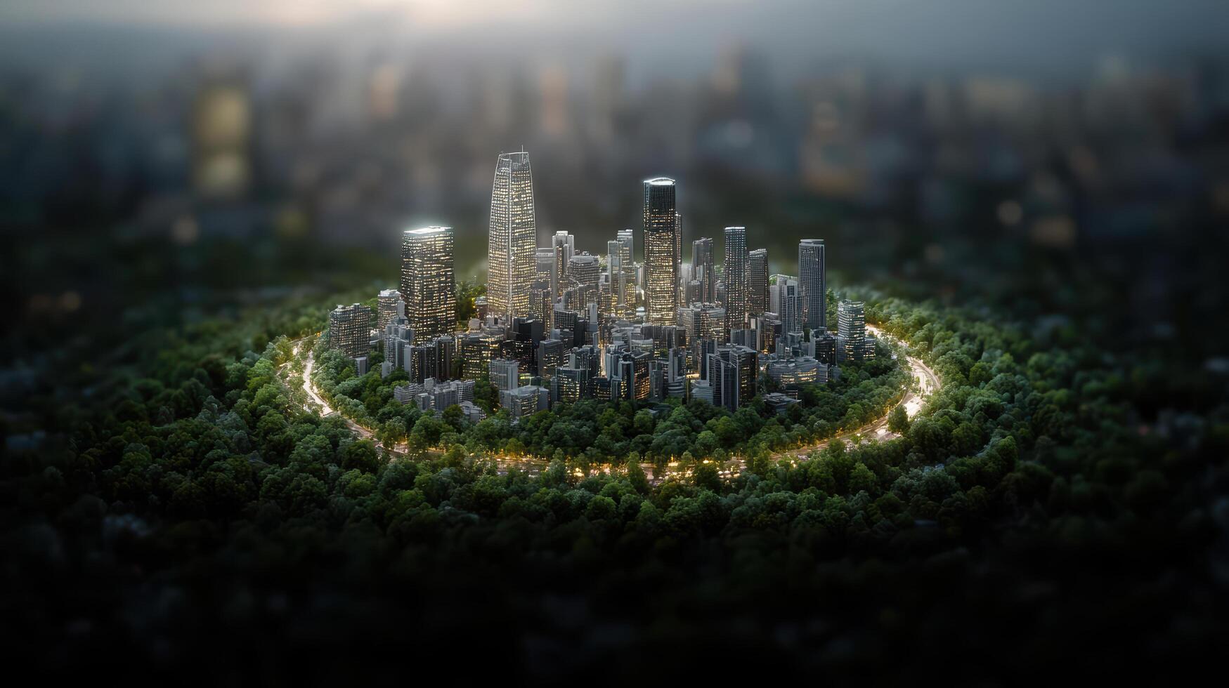 A city surrounded by trees and a large green circle photo