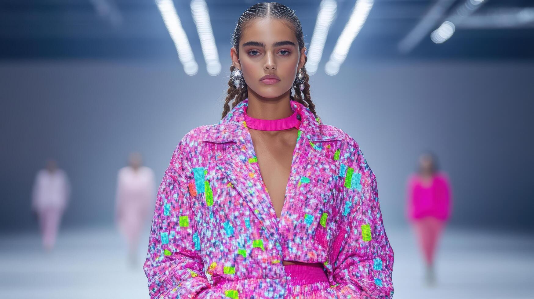 A model walks the runway in a bright pink suit photo