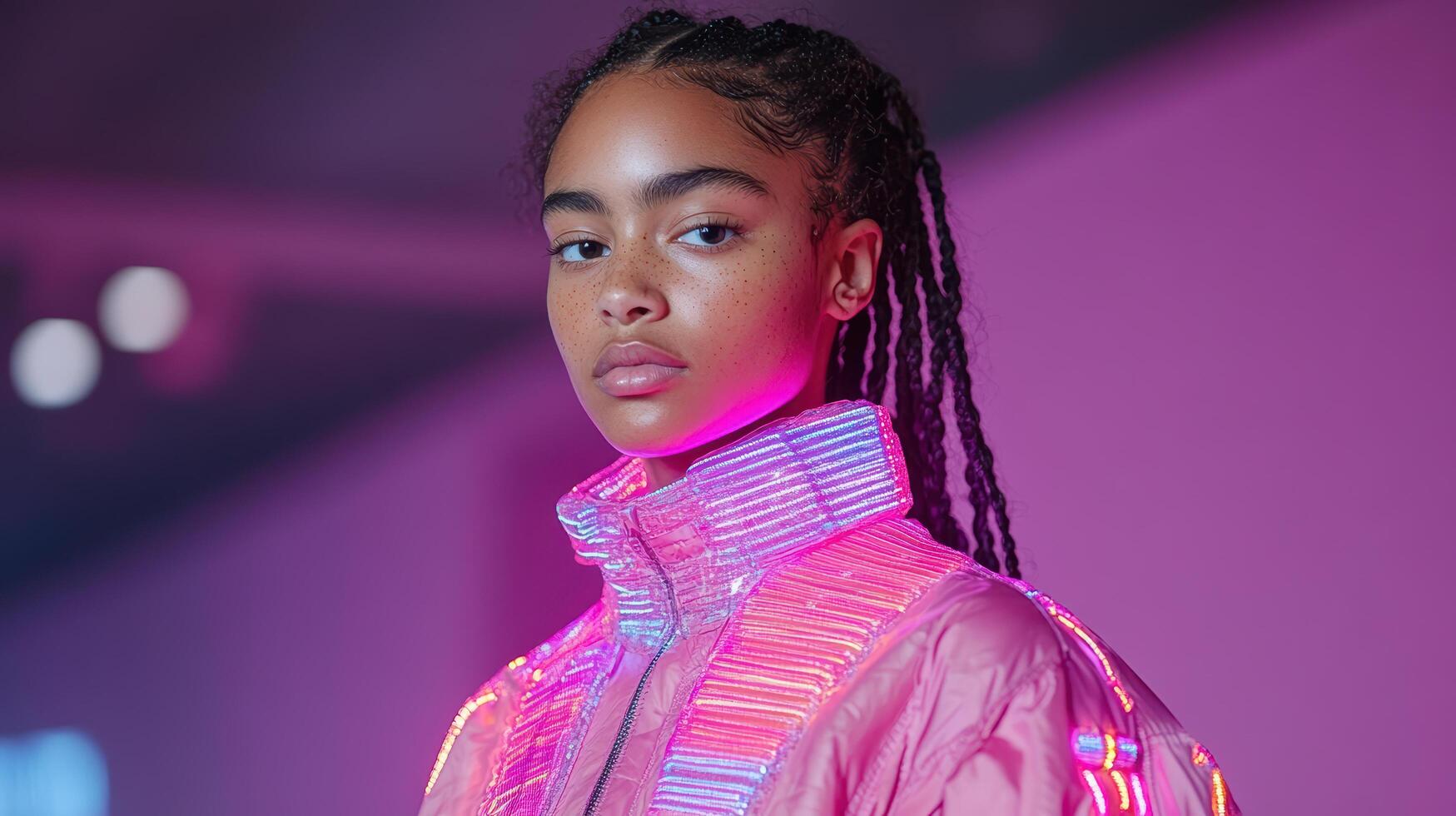 A model wears a neon jacket and braids photo