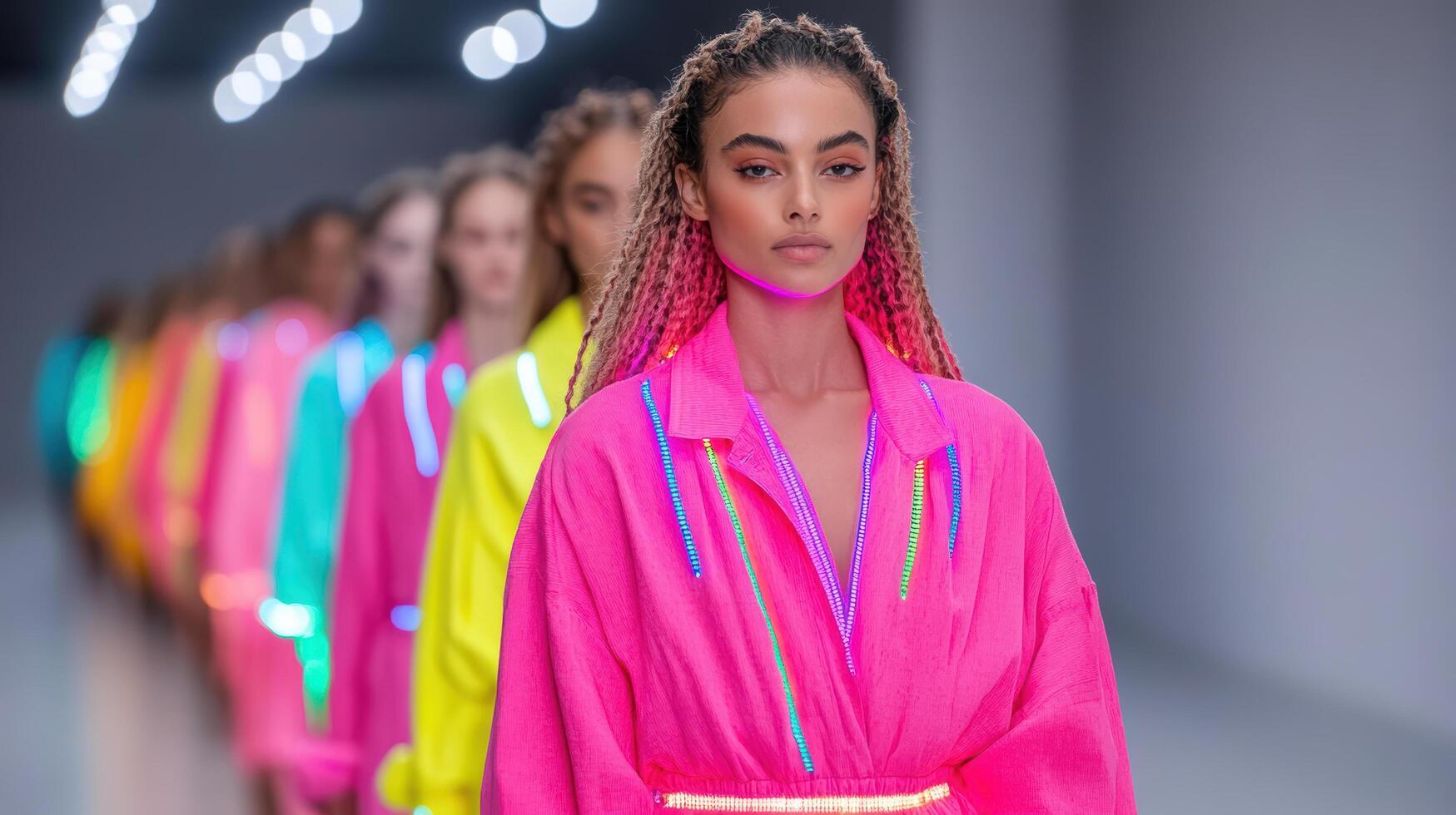 A model walks down the runway in neon pink and neon green photo