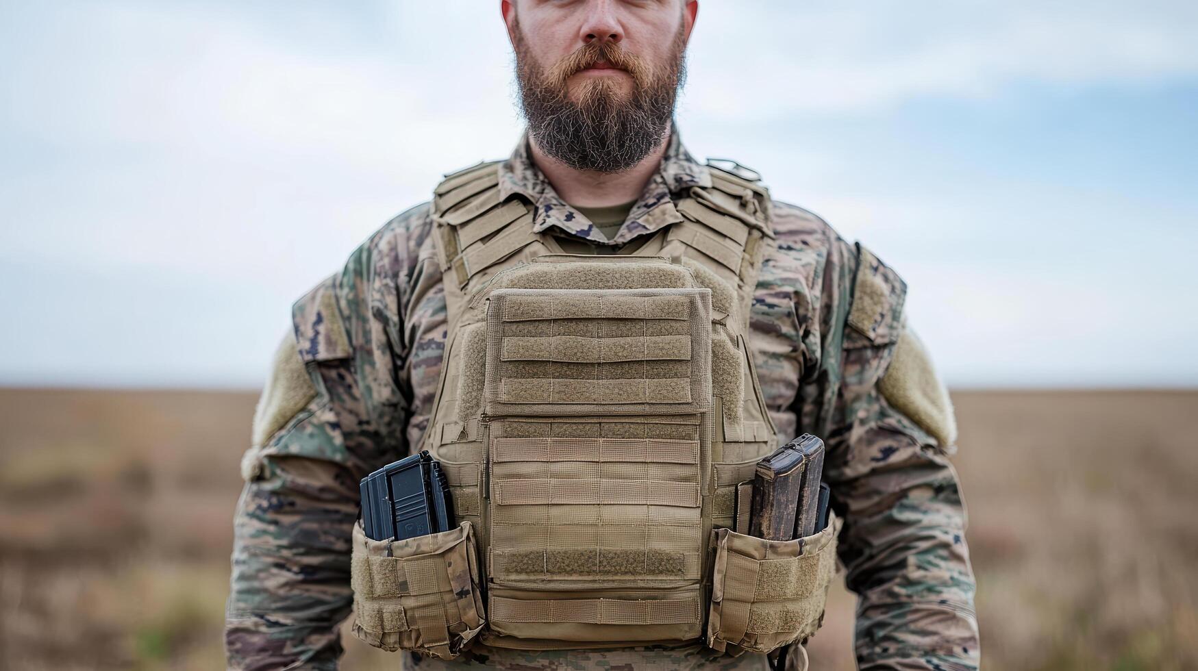 A bearded man in a military uniform standing in a field photo