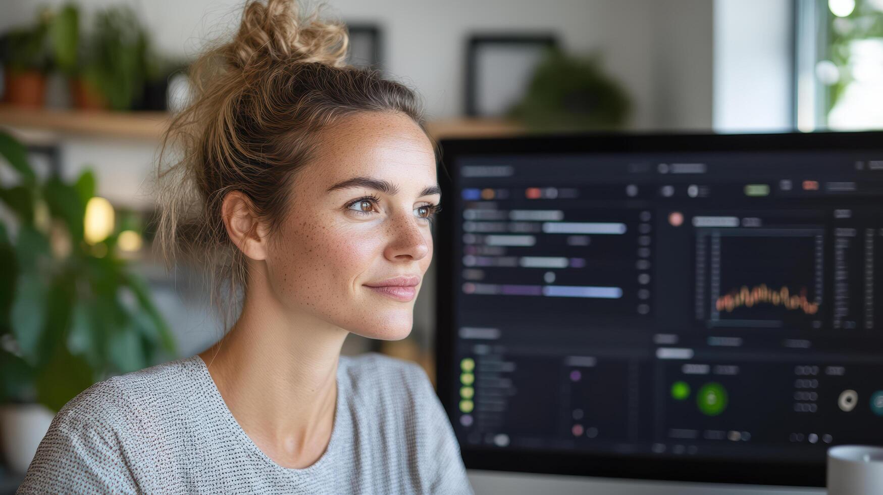 A woman sitting at a desk with a computer screen photo