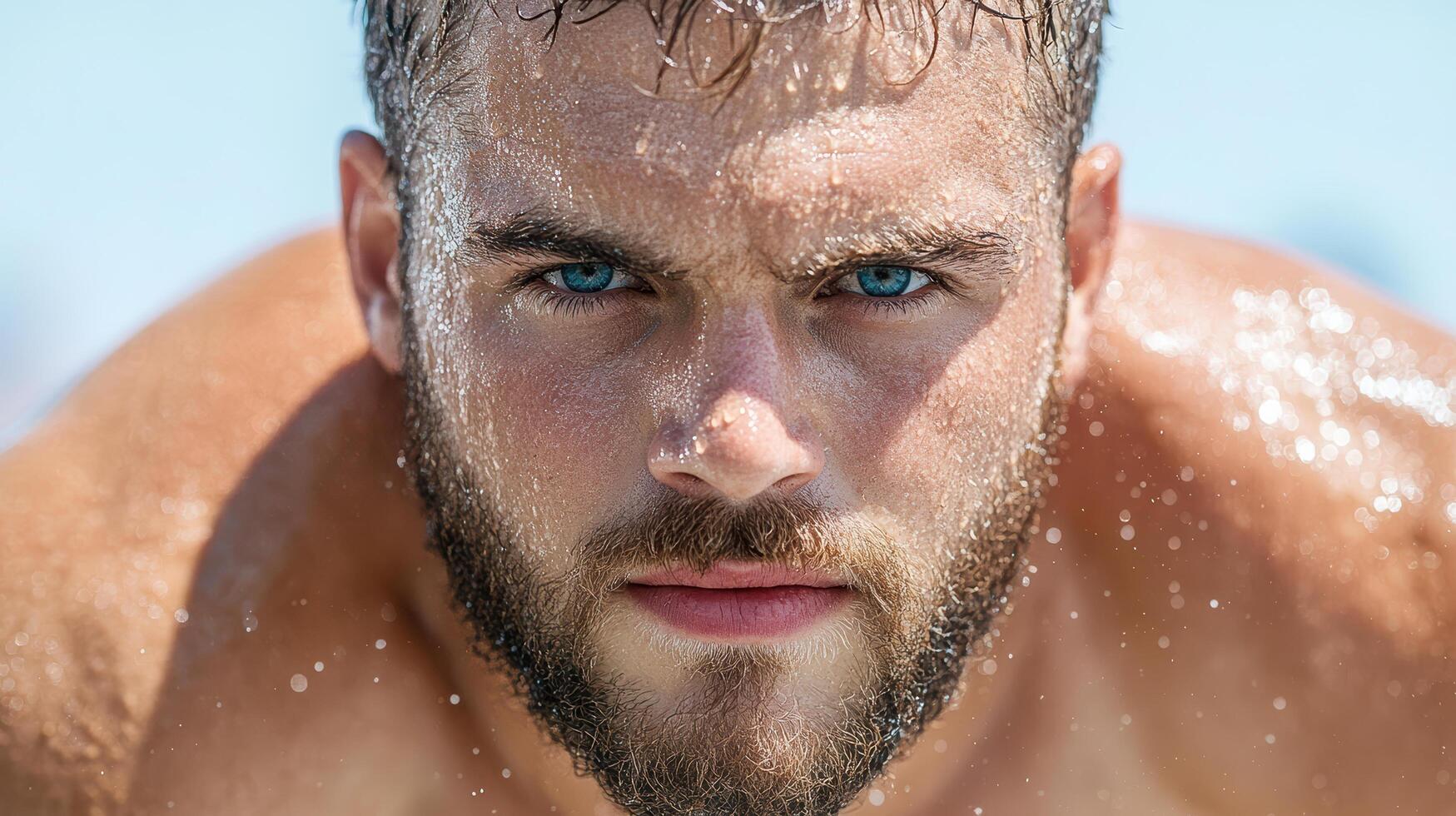 A man with blue eyes and a beard is in the water photo