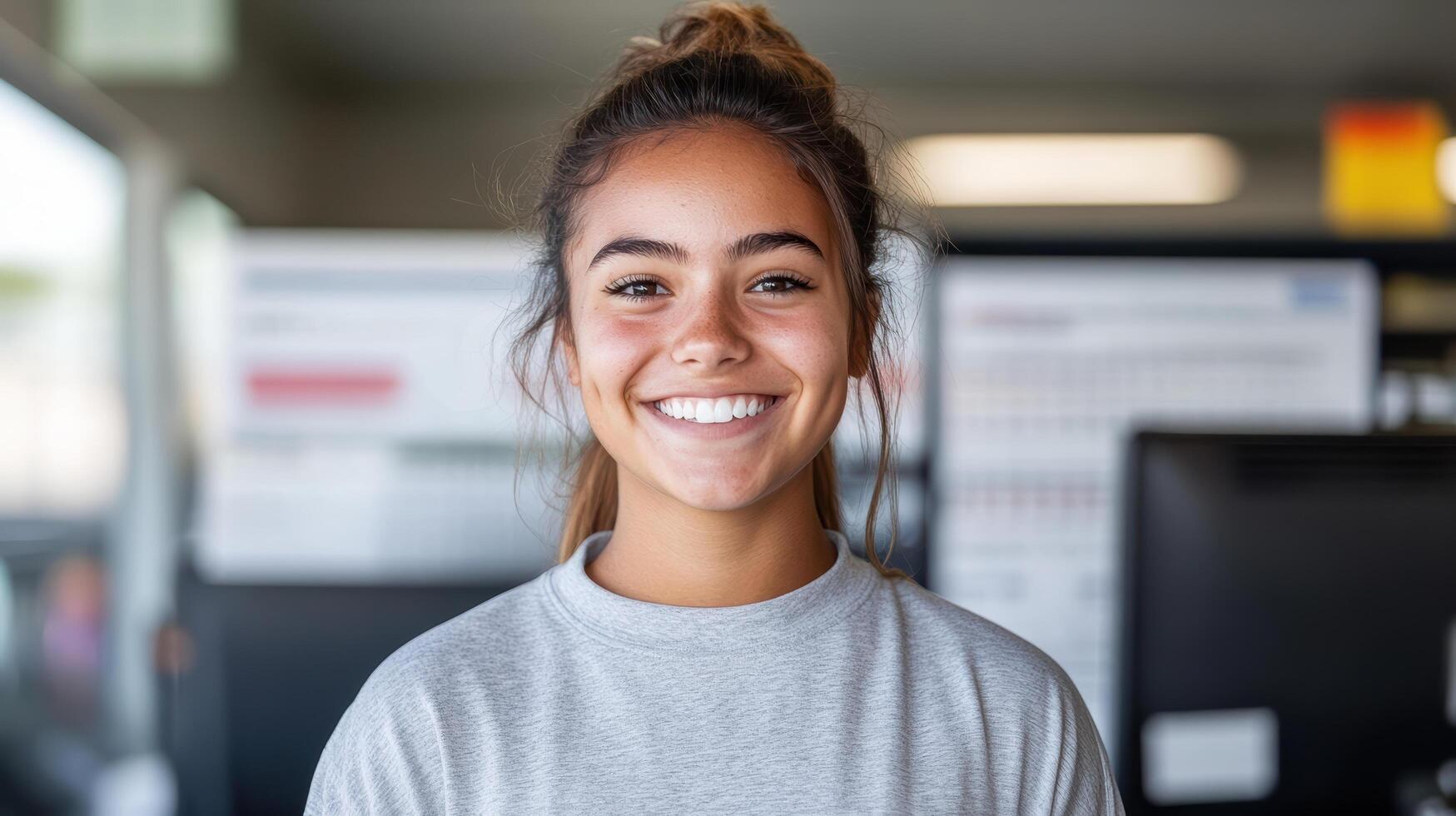 A smiling young woman in a car dealership photo