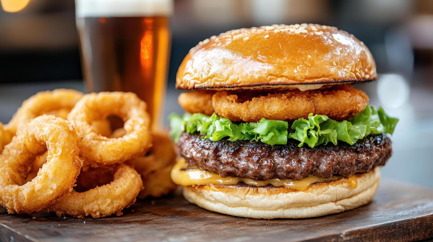 A hamburger with onion rings and a beer photo