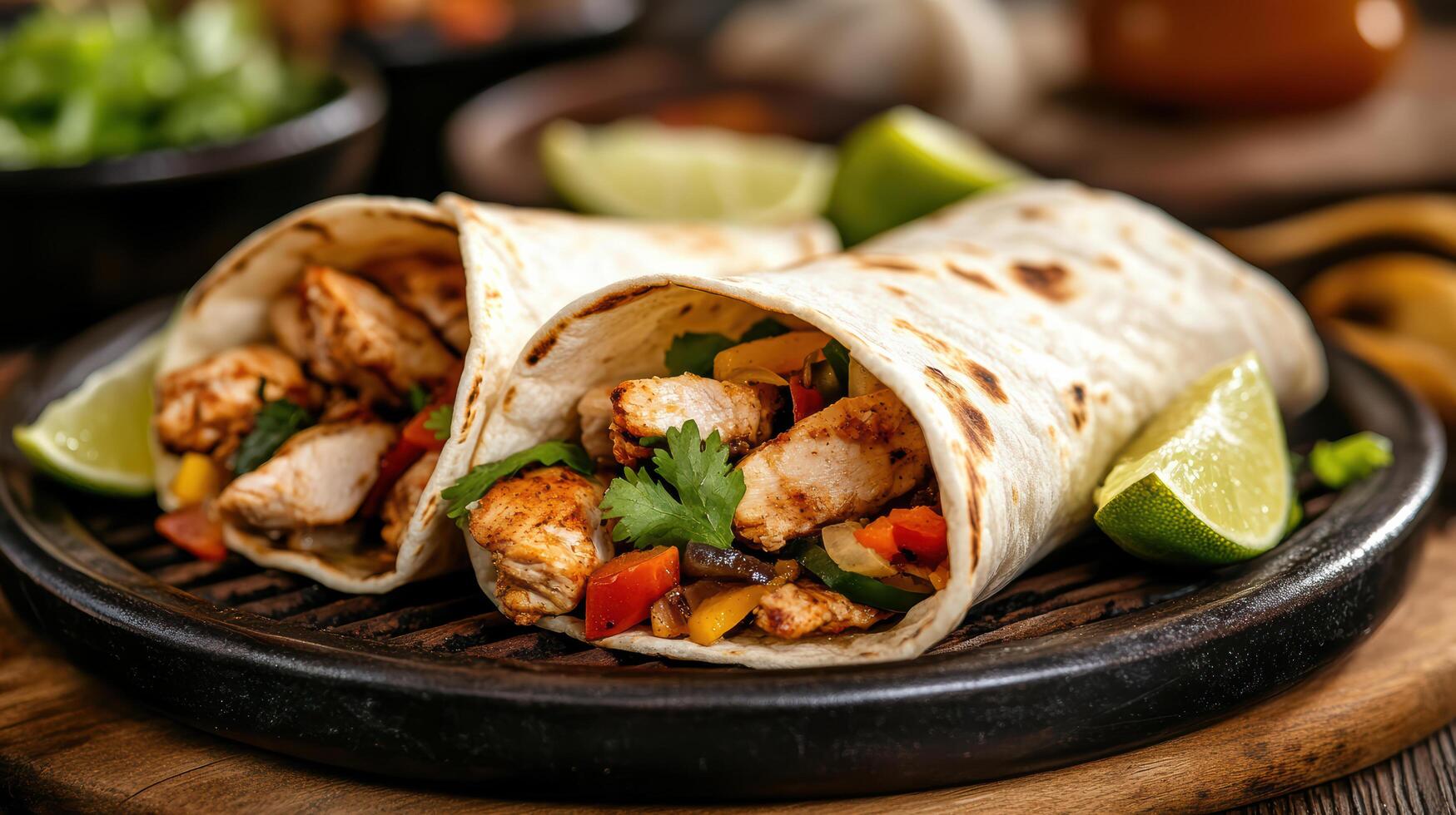 Two chicken burritos on a black plate with lime wedges photo