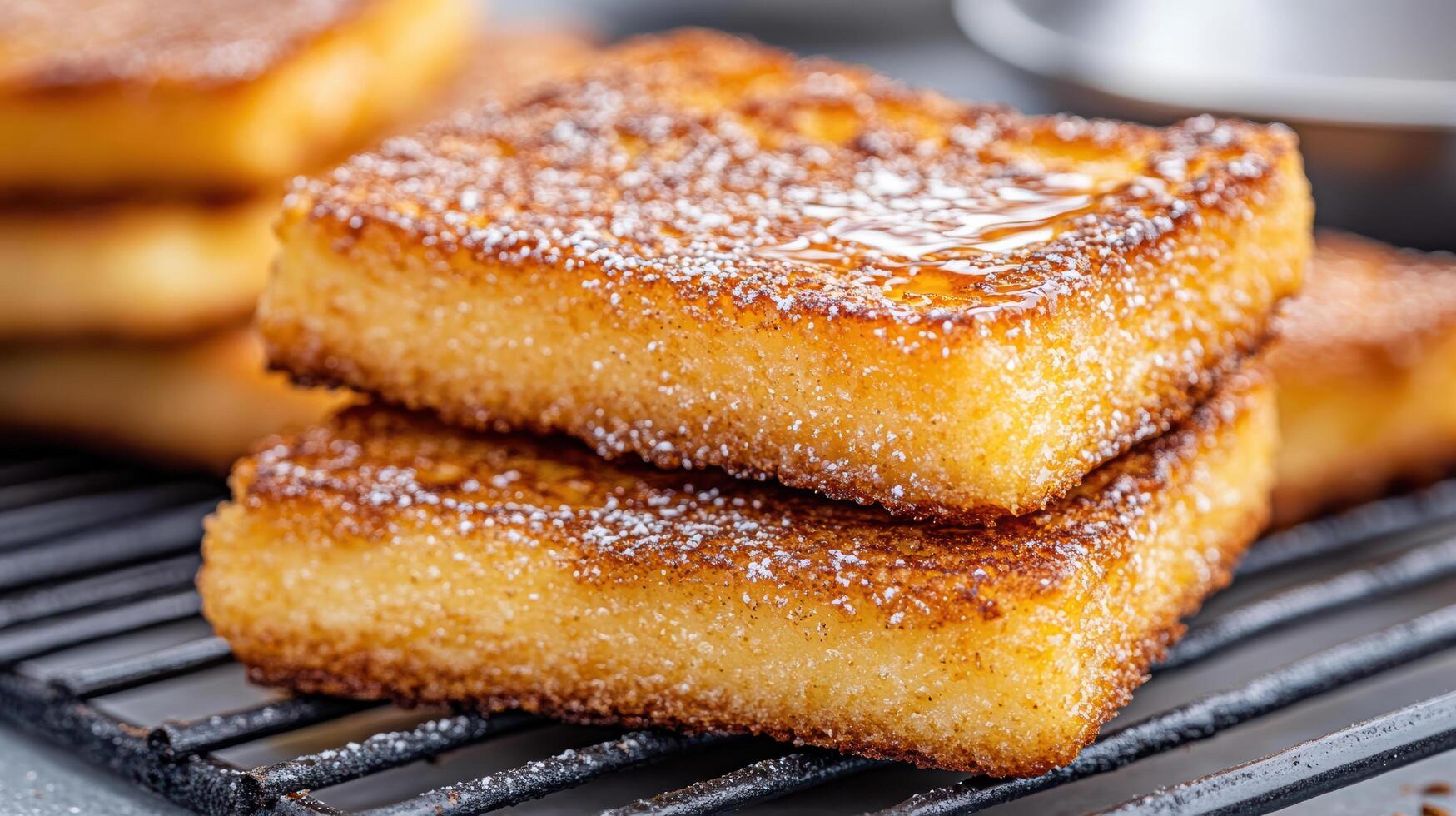 A stack of square pancakes on a cooling rack photo