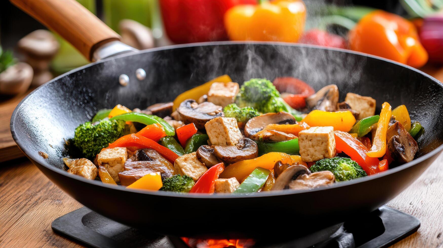 A wok with vegetables and tofu cooking on a stove photo