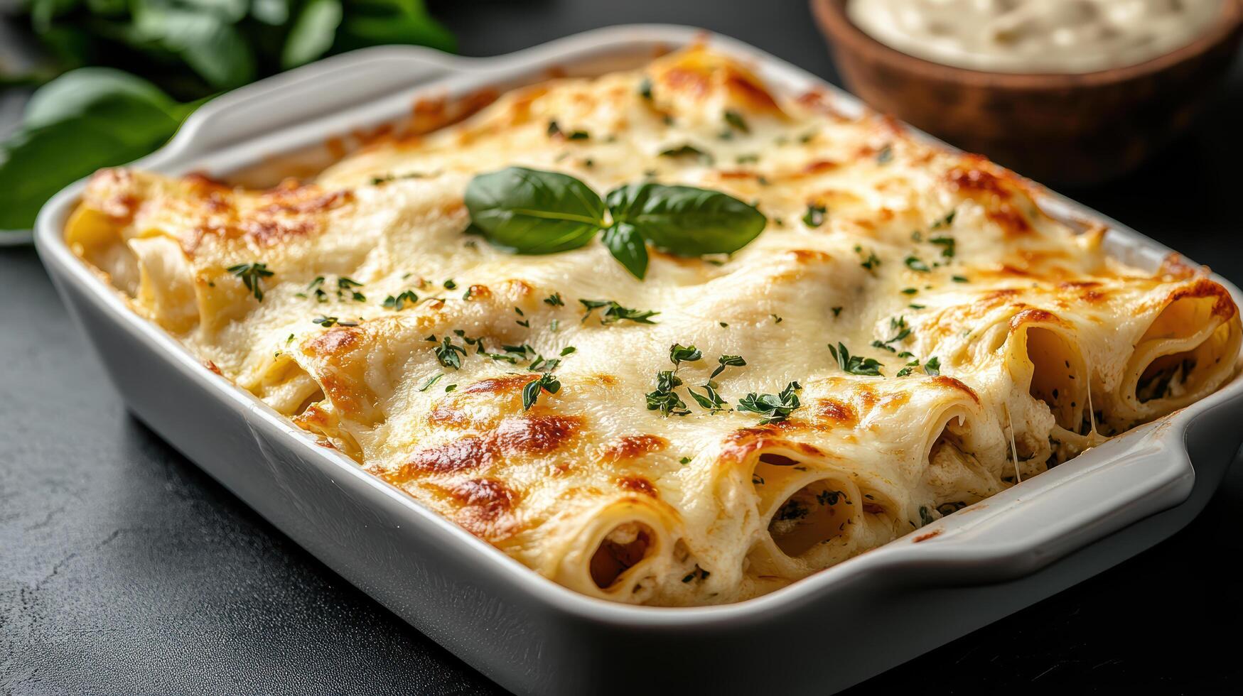 Chicken lasagna with basil and cheese in a white dish photo