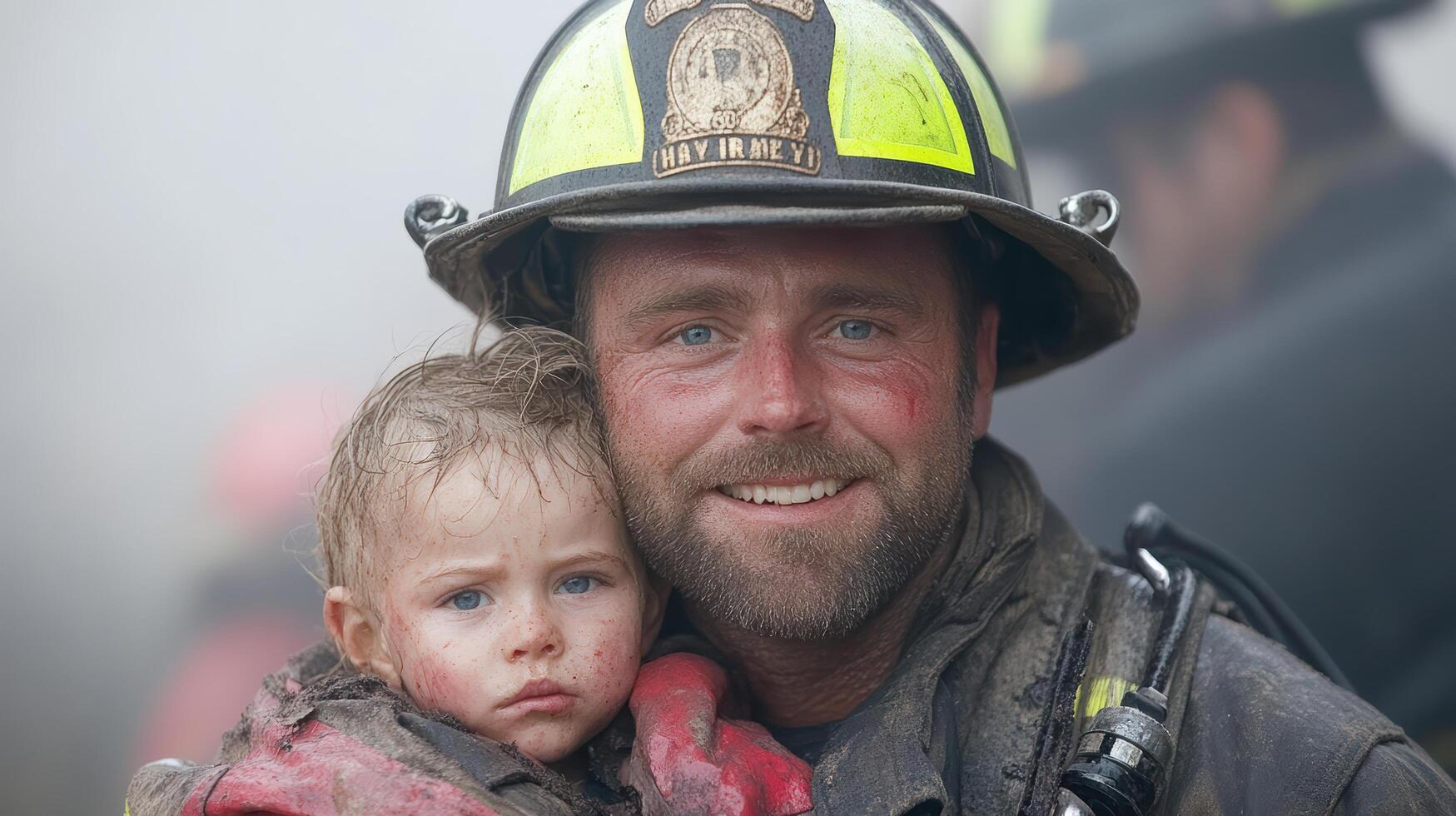 A firefighter holding a child in his arms photo