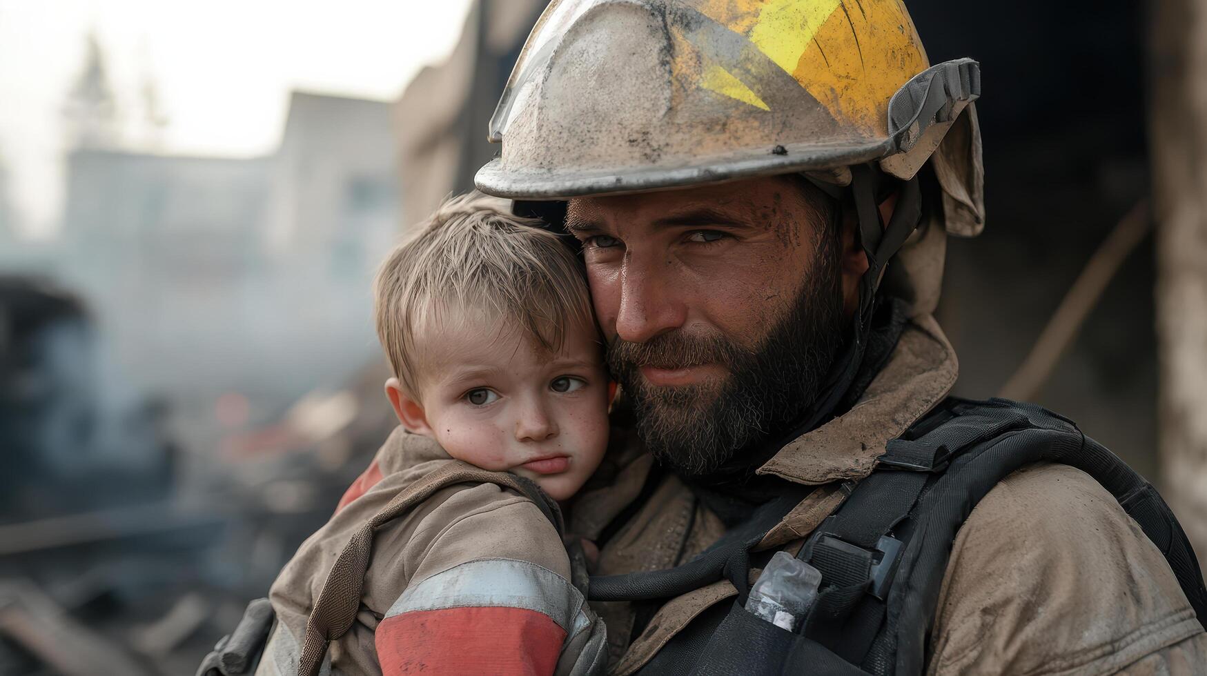 A firefighter holding a child in front of a burning building photo