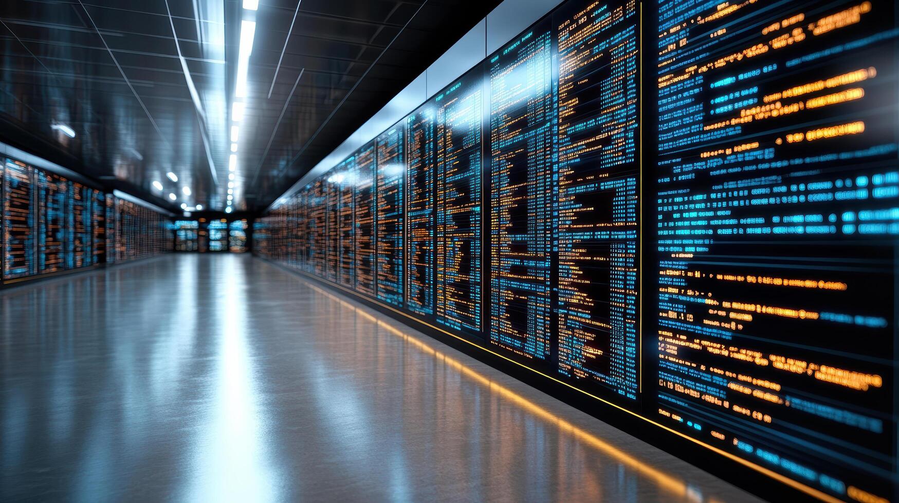 A long hallway with rows of computer screens photo