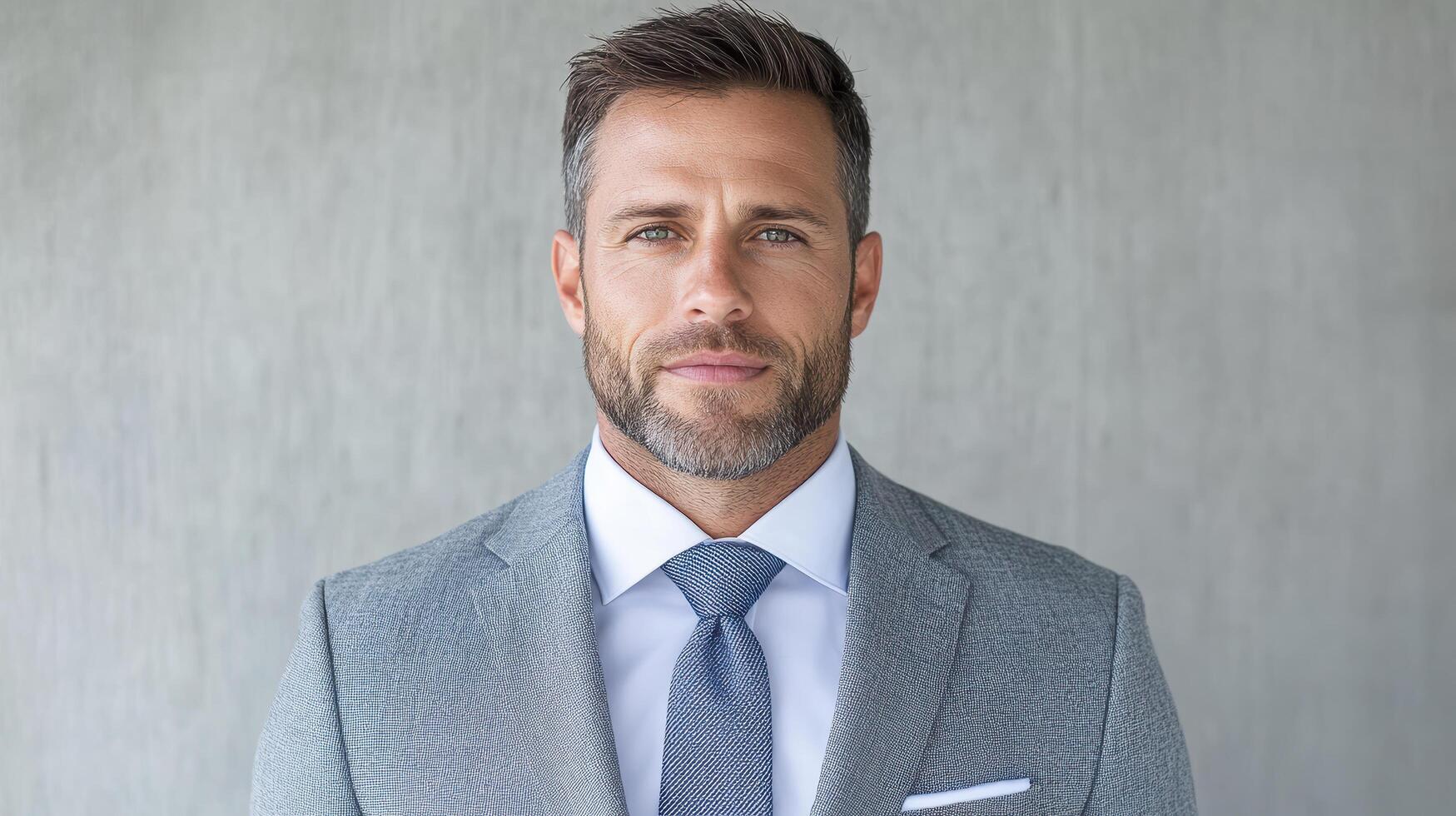 A man in a suit and tie standing in front of a gray wall photo