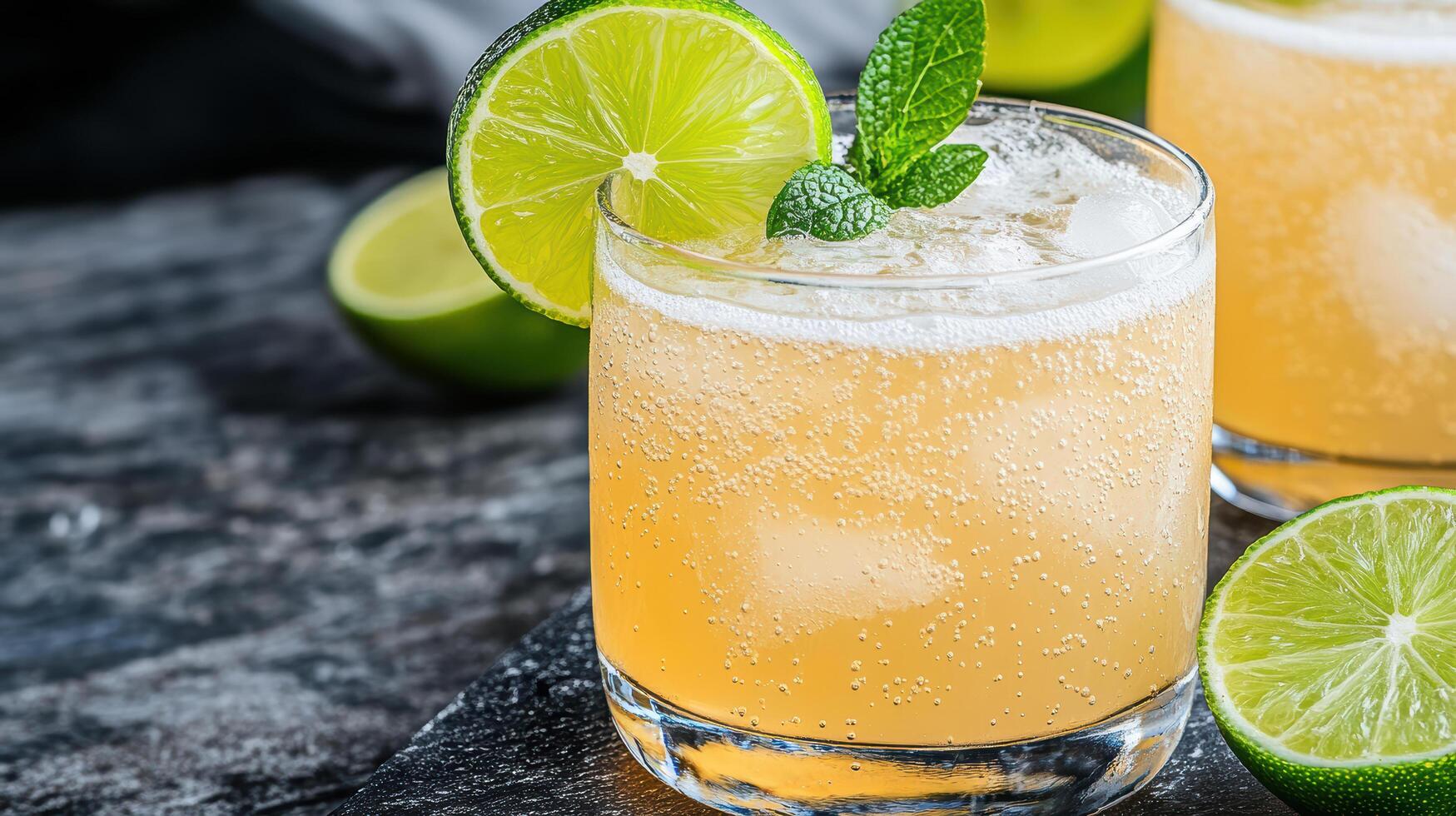 Two glasses of orange juice with lime slices photo