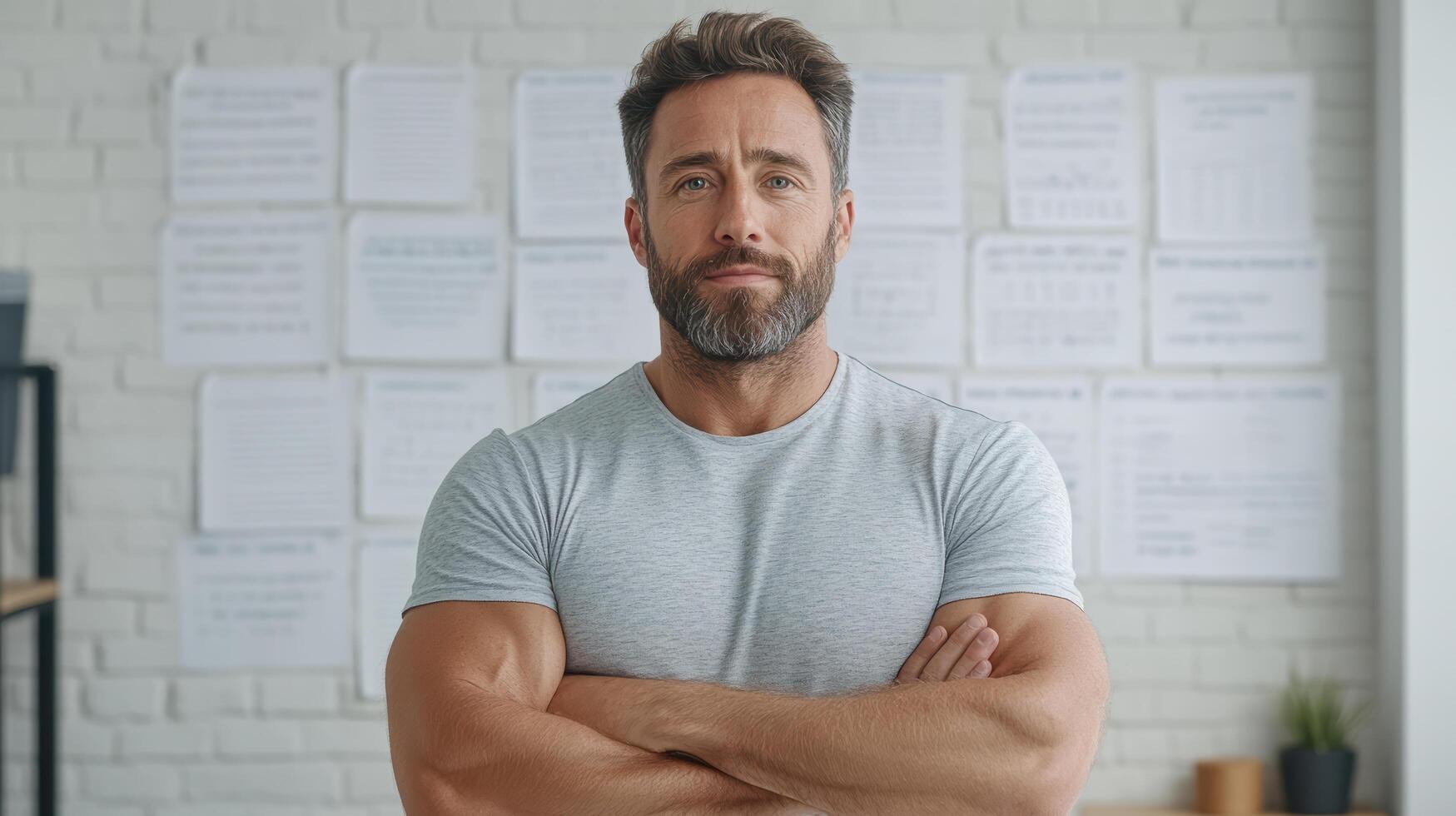 A man with a beard and a grey t - shirt standing in front of a white wall photo