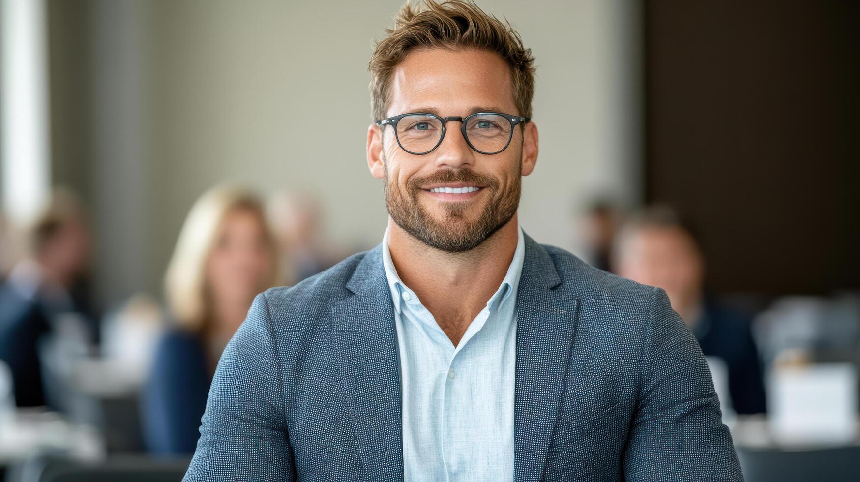 A man with glasses and a beard sitting in front of a conference room photo