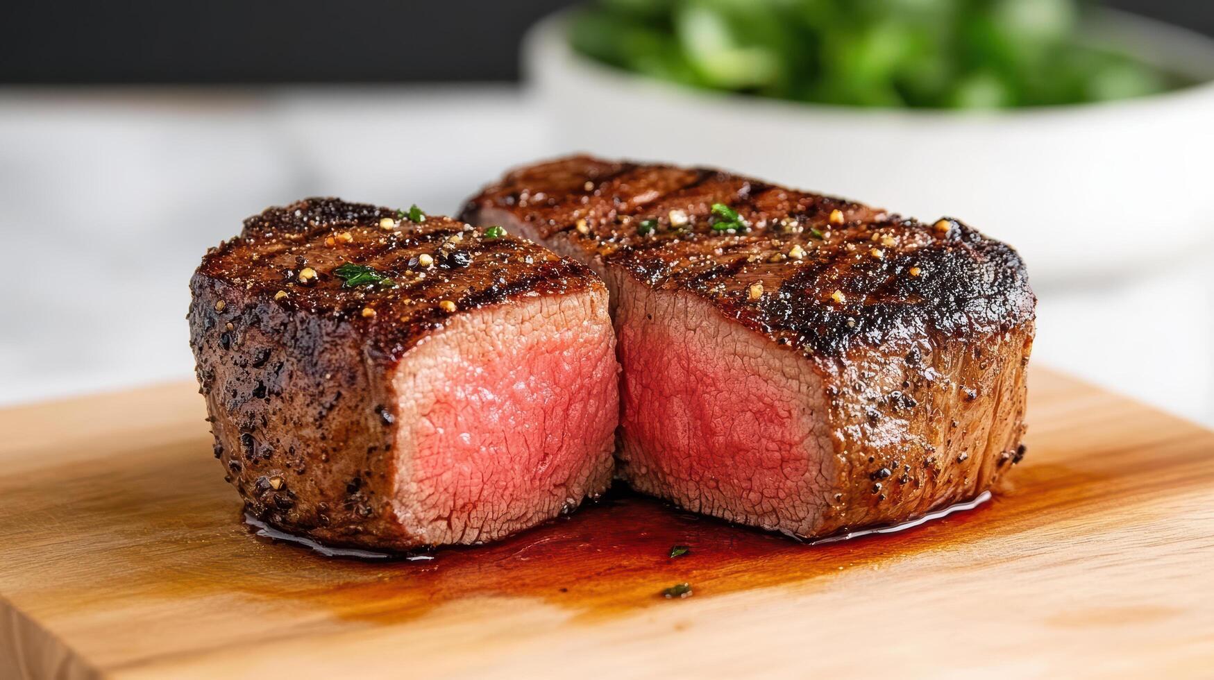 A steak sitting on a cutting board with a side of greens photo