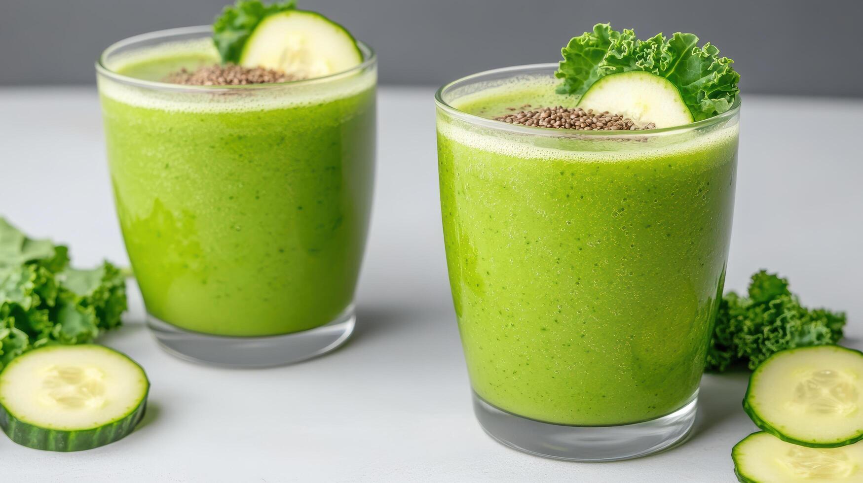 Two glasses of green smoothie with cucumbers and kale photo