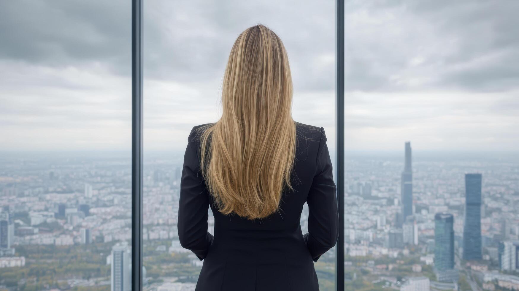 A woman in a business suit looking out over a city photo