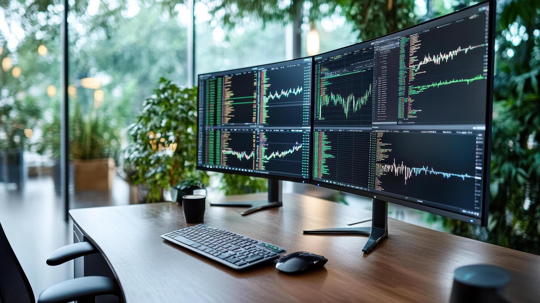 Three monitors on a desk with a keyboard and mouse photo