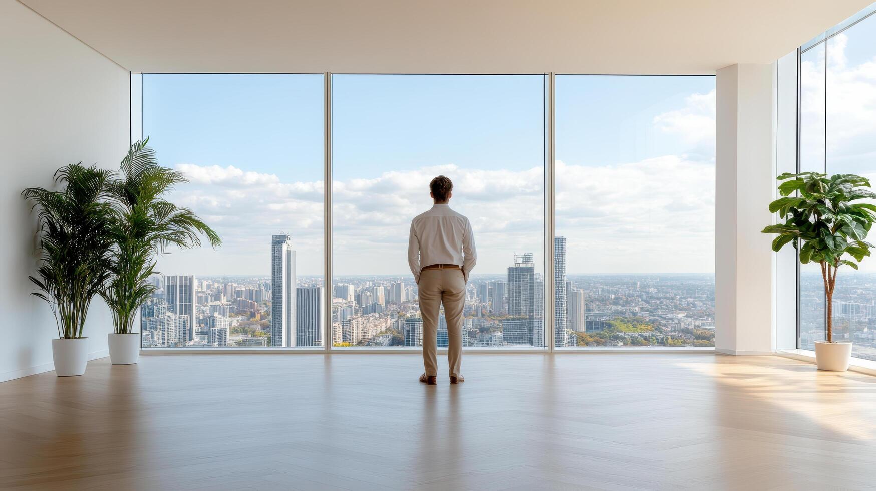 A man standing in an empty room looking out at a city photo