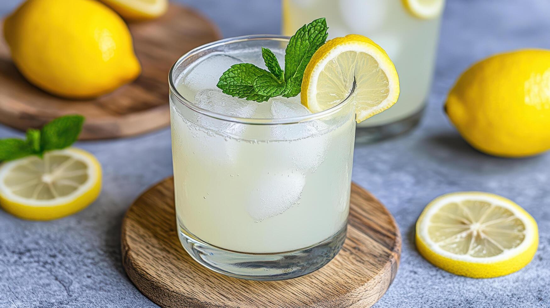 Two glasses of lemonade with mint leaves on top photo