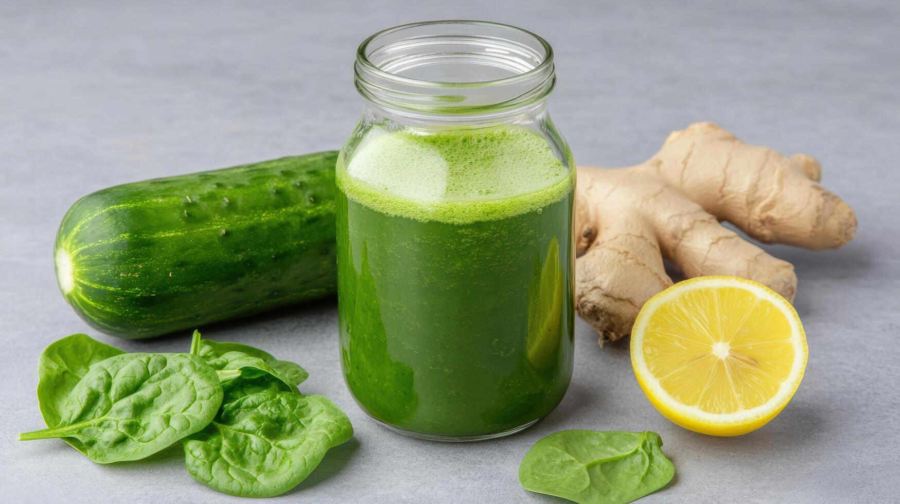 Green juice with cucumber, ginger and lemon photo