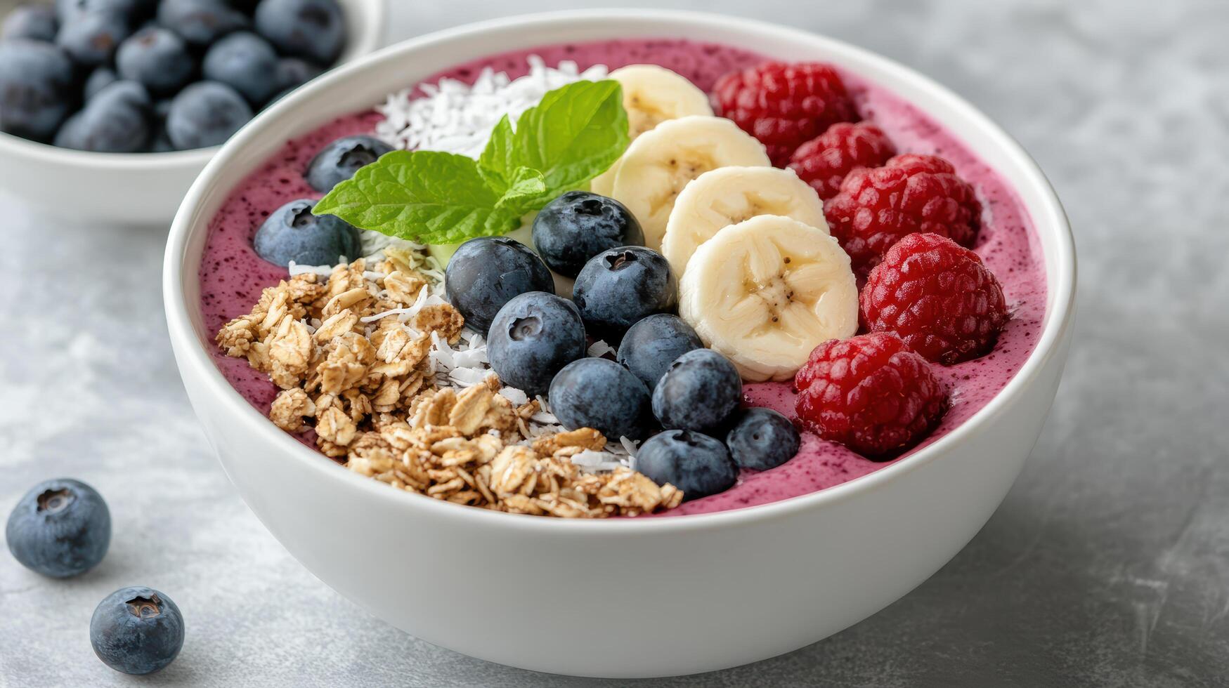 A bowl of blueberry smoothie with berries, bananas and granola photo