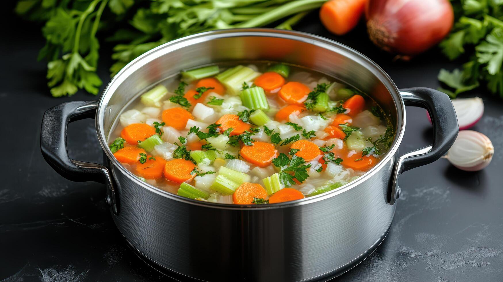 A pot filled with vegetables and carrots photo