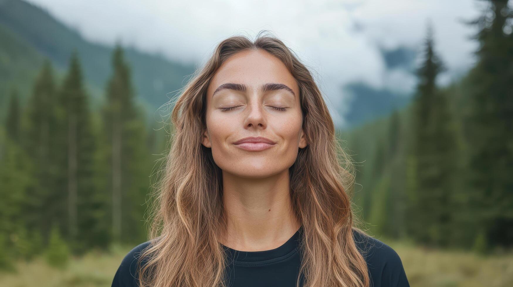 A woman is looking up at the sky with her eyes closed photo