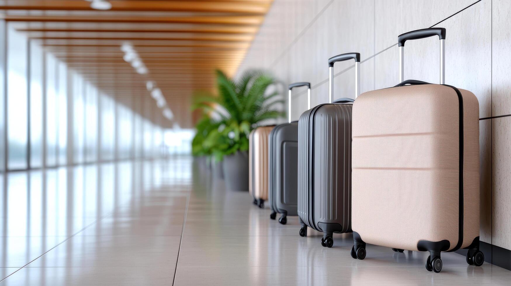 Three suitcases are lined up in an airport hallway photo