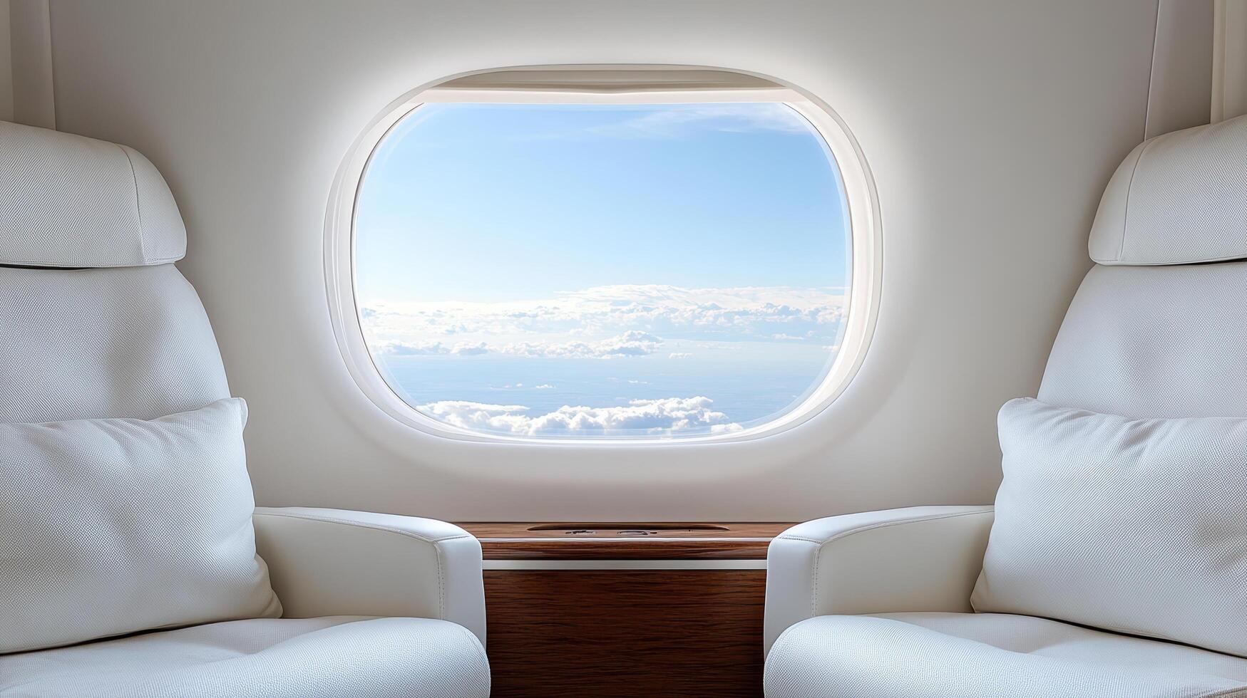 Two white chairs in an airplane with an open window photo