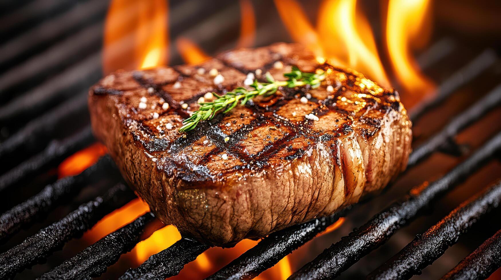 A steak is cooking on a grill with flames photo