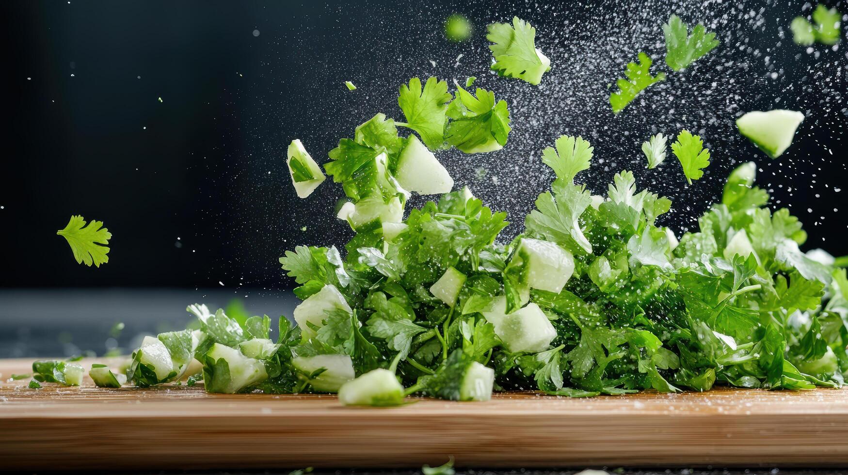 A cutting board with chopped green herbs photo
