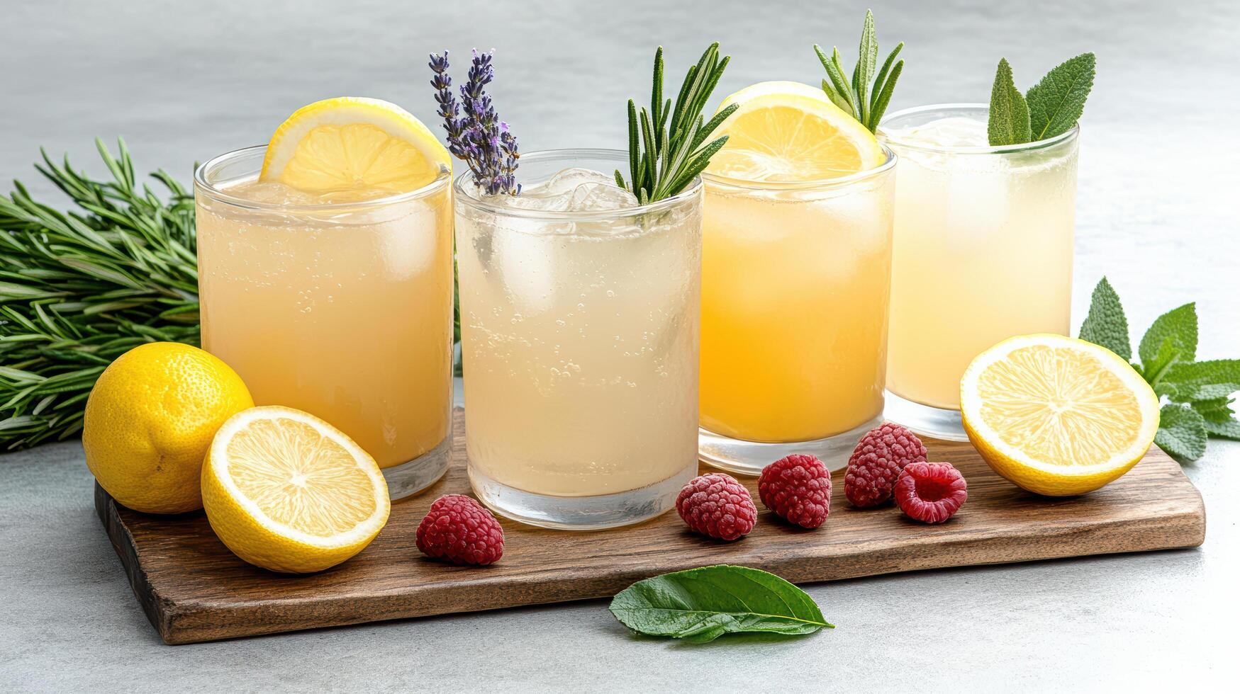 Four lemonade drinks with lemons, raspberries and rosemary photo
