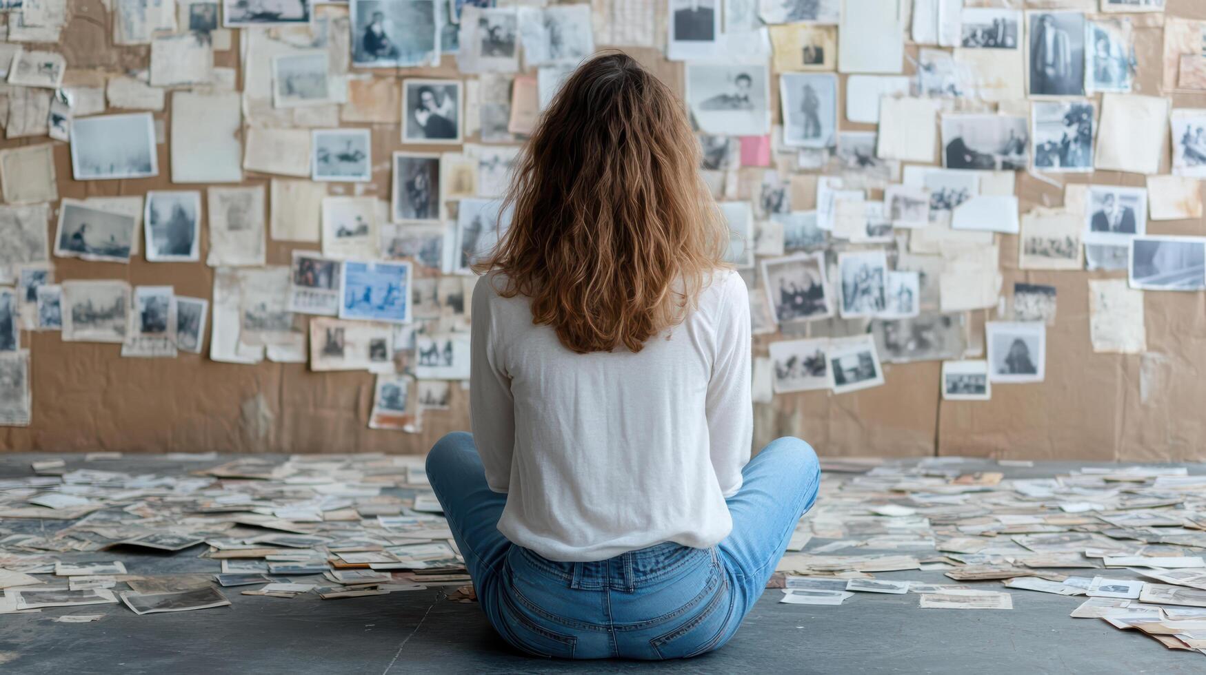 A woman sitting on the floor looking at photos on a wall