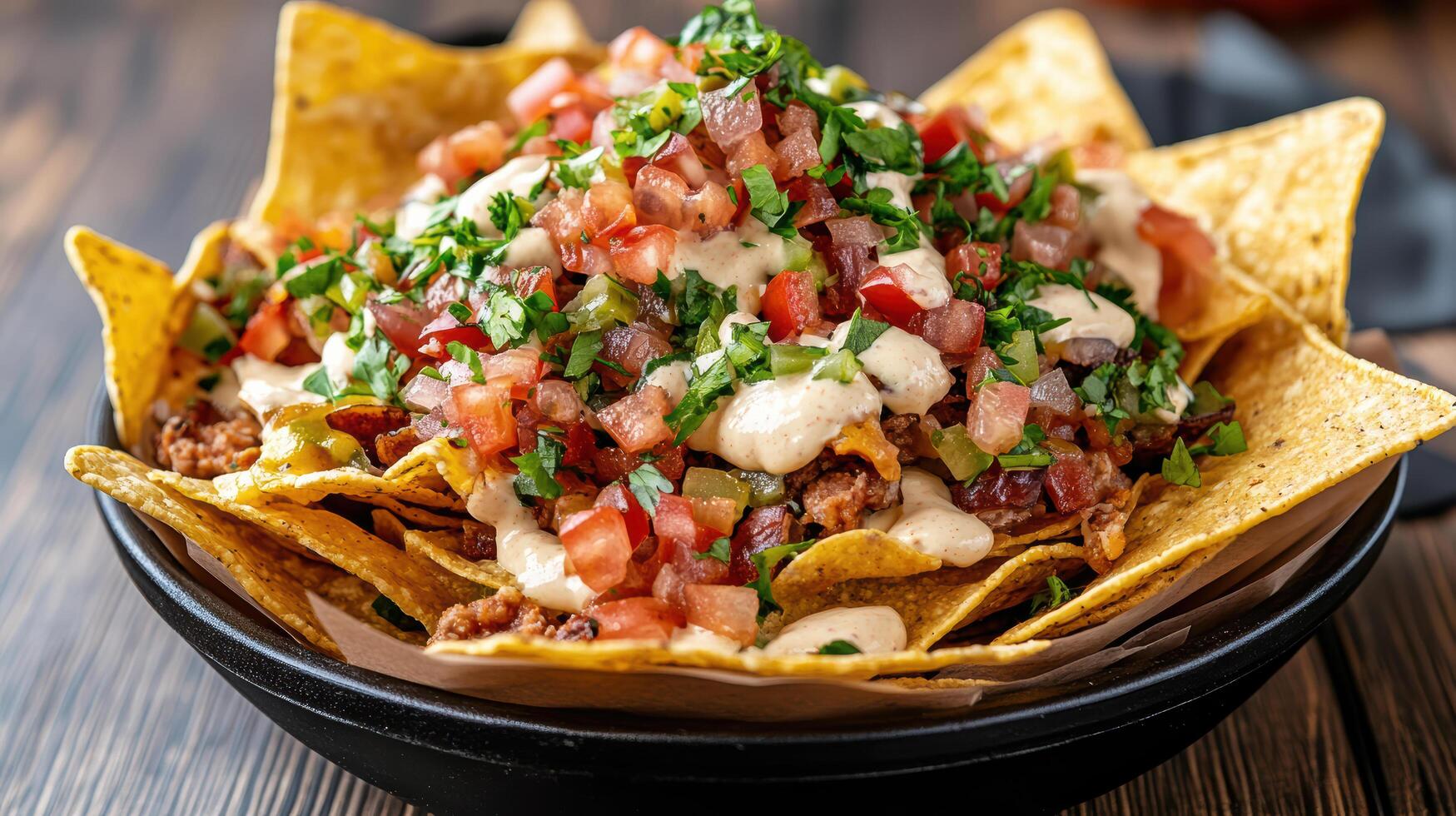 A bowl of nachos with meat and vegetables photo